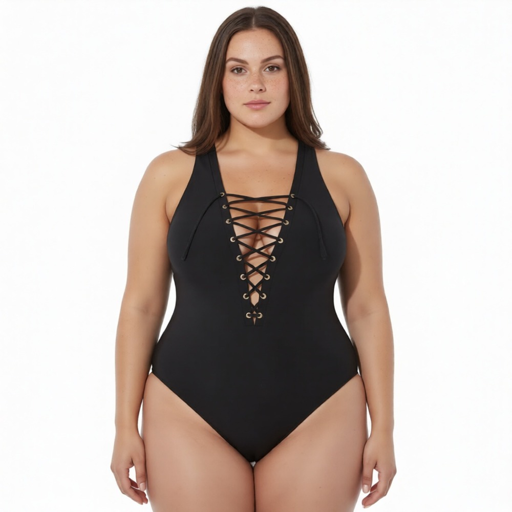 Love My Curves Black Lace Up Front One Piece Swimsuit Style 333 Size 18 NEW